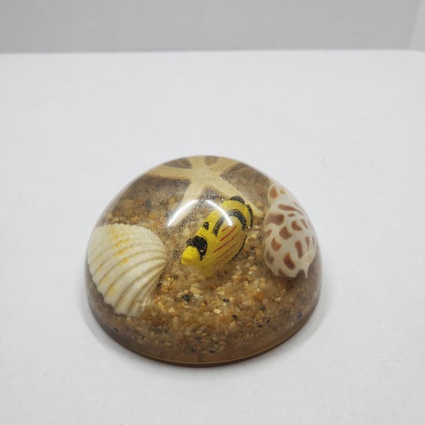 Aquatic Paperweight with a Fish, Shells and Starfish on a Sand Base